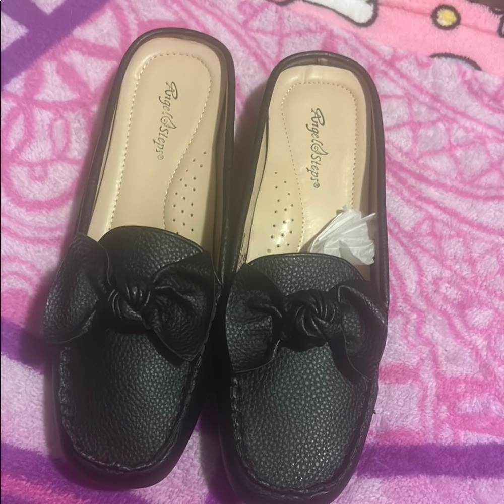 Black Leather mules loafers with Bow Detail